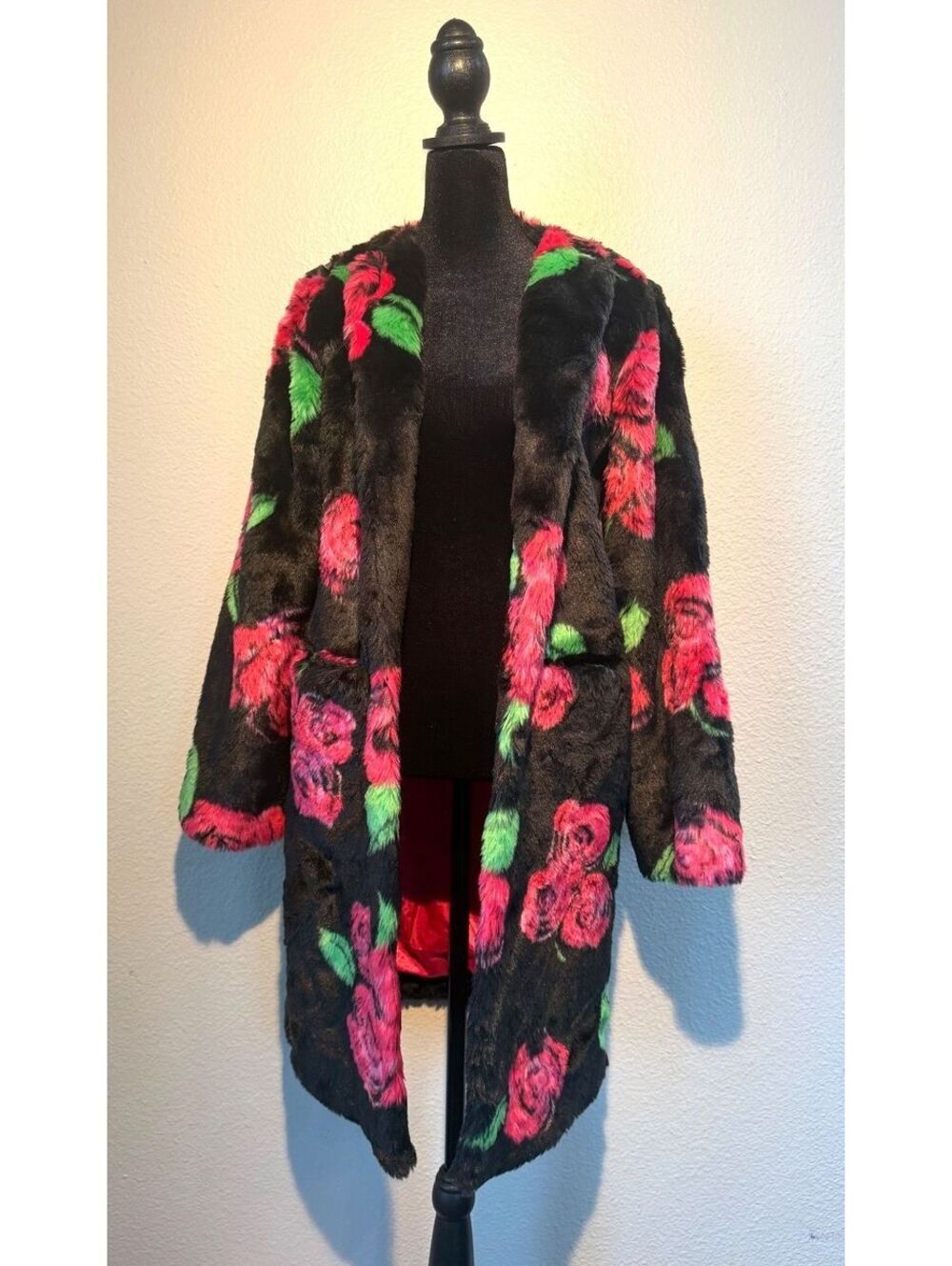 Black Rose Floral Faux Fur Longline Coat XS Goth Glam